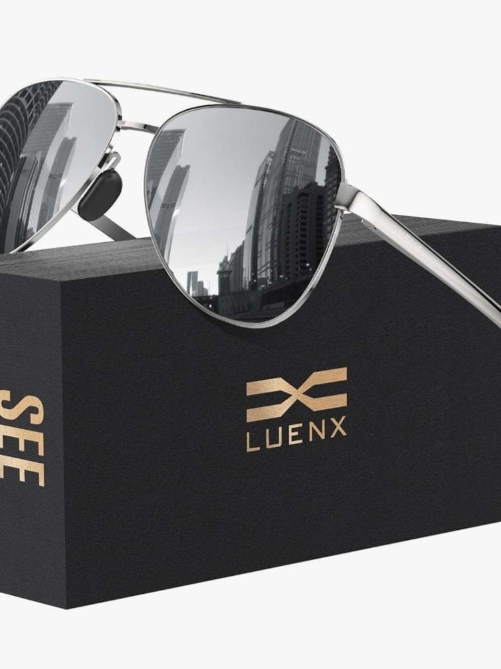 LUENX Silver Aviator Sunglasses with Grey Mirror Lenses